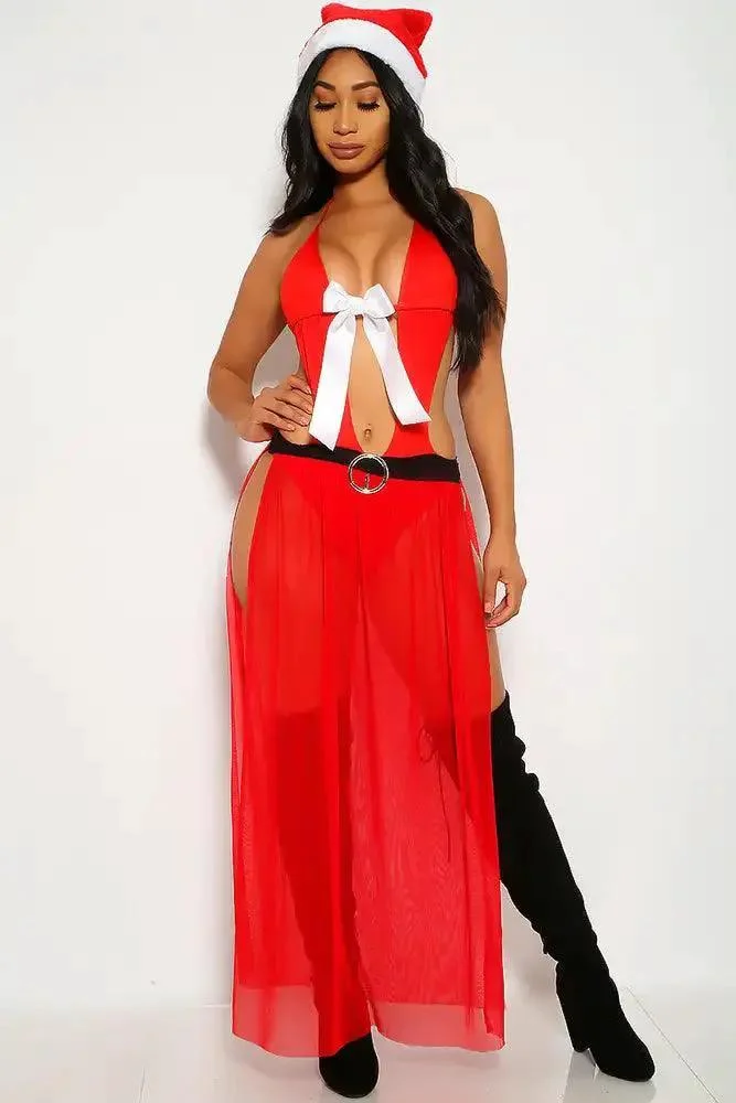 Sexy Red Mrs Clause Sleeveless Mesh Holiday Costume