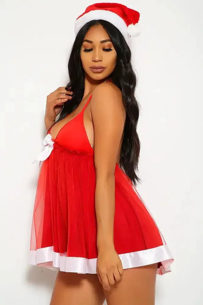 Sexy Red White Three Piece Mrs Clause Holiday Costume