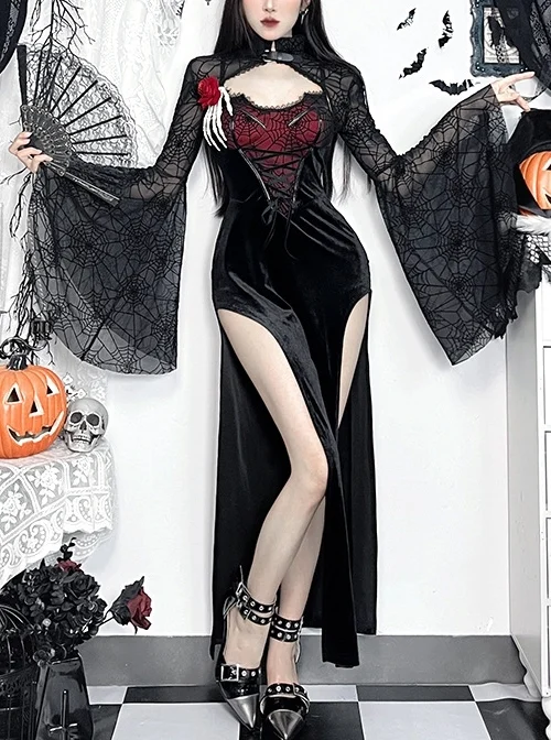 Sexy Slightly Transparent Black High Collar Spider Web Mesh Gothic Style Flared Long Sleeves Shawl
