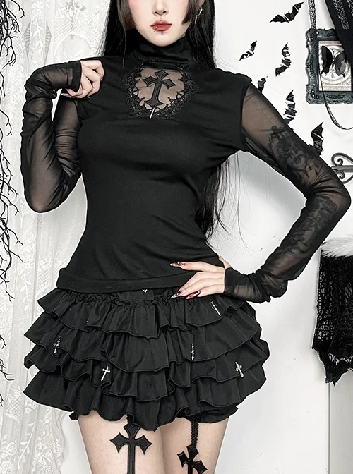 Sexy Slightly Transparent Black Mesh Splicing Cross Decoration Gothic Style Slim Long Sleeves Top