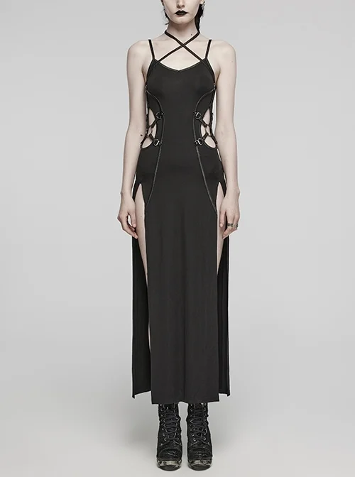 Sexy Slit Black Stretch Knitted Waist Hollow Punk Style Suspender Dress