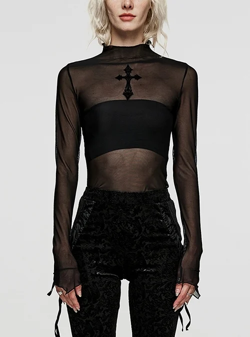Sexy Stretch Slim Fit Mesh Patchwork Flocked Printed Cross Stand Collar Gothic Style Long Sleeved See-Through T-Shirt