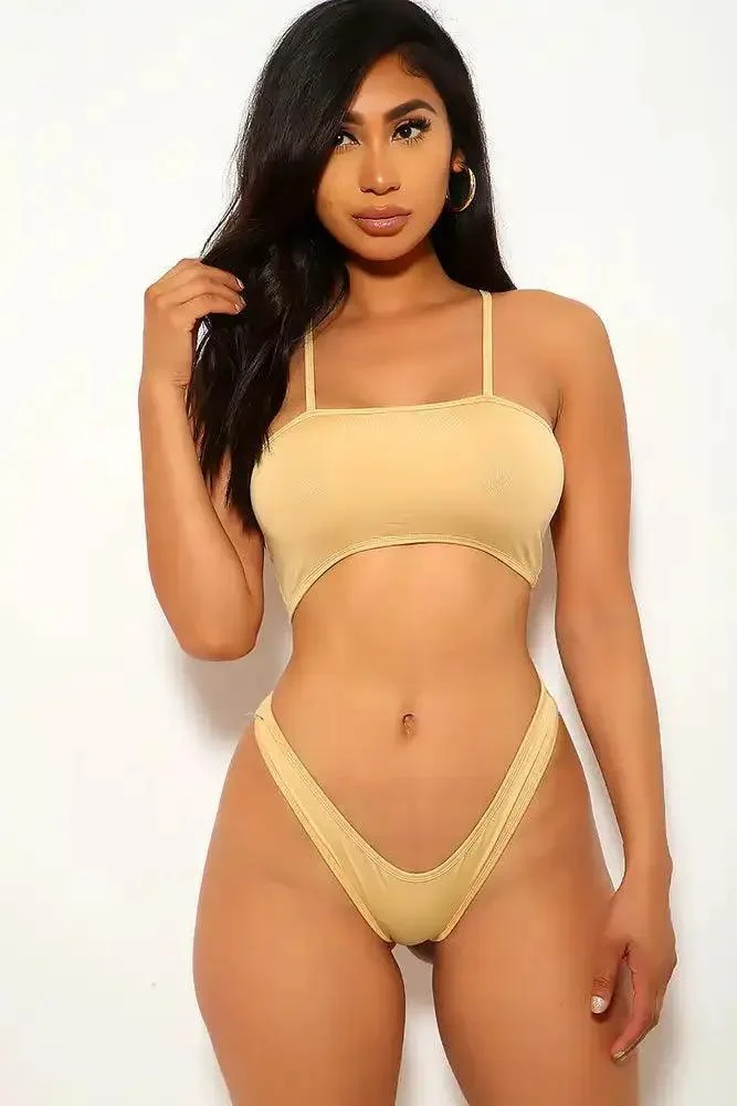 Sexy Tan Halter Top Two Piece SwimSuit