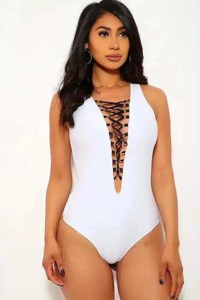 Sexy White Lace Up One Piece Swimsuit