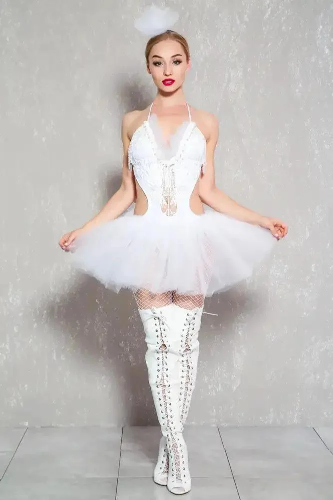 Sexy White Swan Embroider Crochet Mesh Tutu 2pc Costume