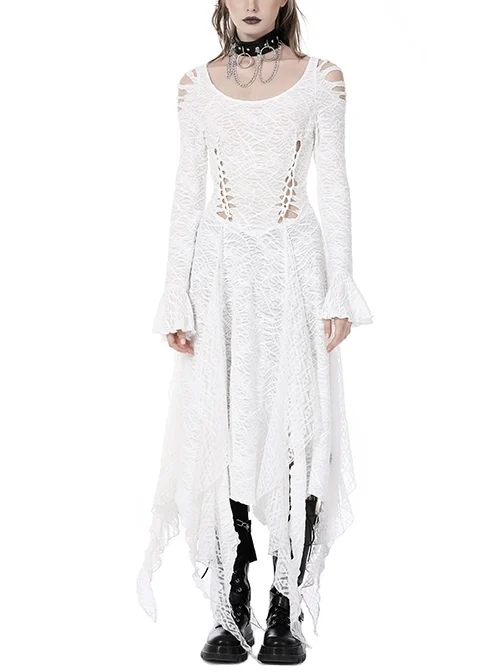 Sexy White Waist Cutout Messy Hem Gothic See-Through Dress