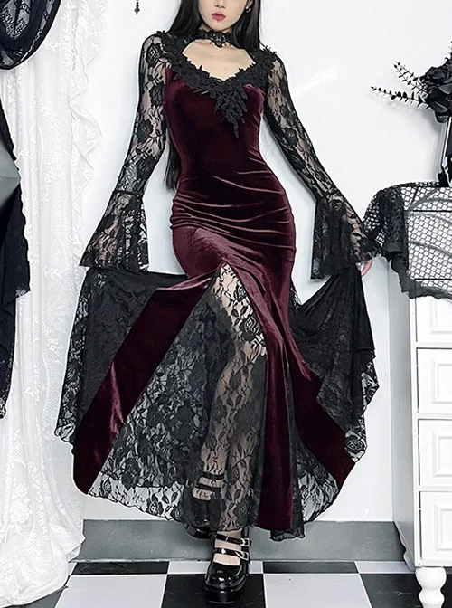Sexy Wine Red Micro Transparent Mesh Long Sleeves Spliced ​​Velvet Fabric Slit Hem Design Punk Style Slim Fishtail Dress