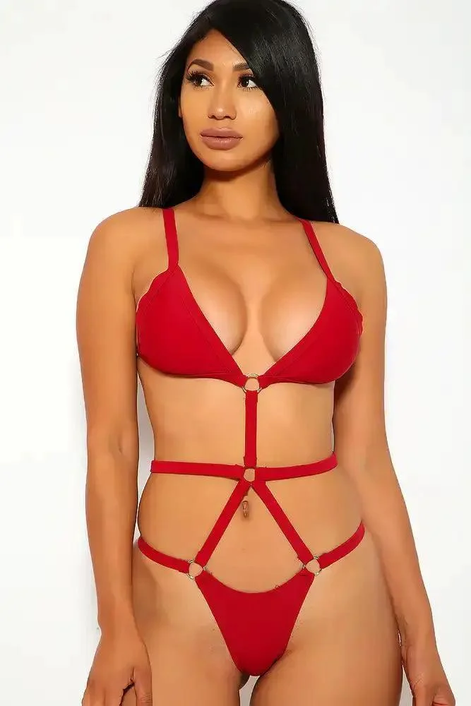 Sexy Wine Strappy Monokini O-Ring One Piece Swimsuit