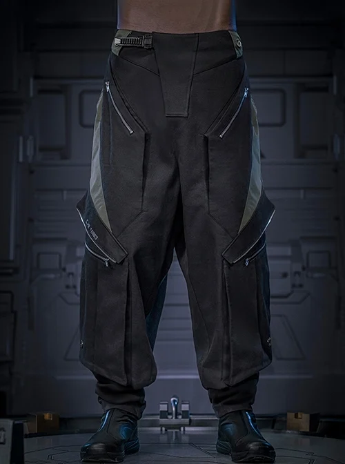 Shadow Black Stitching Design Loose Extended Trouser Legs Multi-Pockets Cyberpunk Workwear Functional Trousers