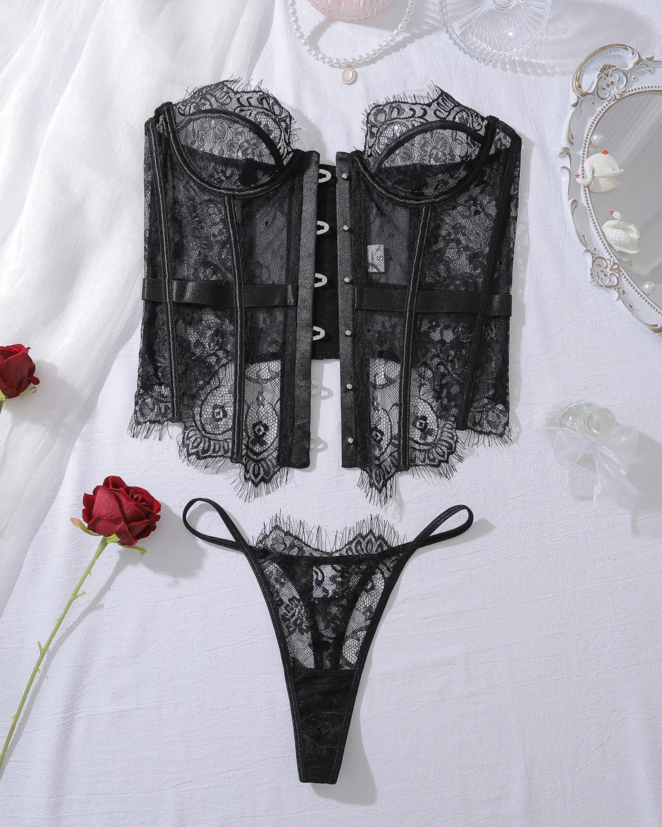 Sheer Delight – Black Eyelash Lace Corset Set