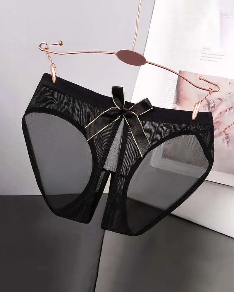 Sheer Mesh Satin Bow Panties High Cut Lingerie Briefs