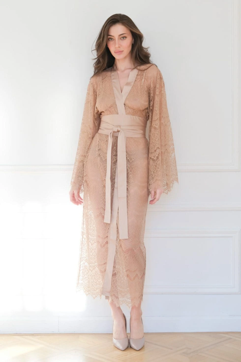 Sheer Robe with See Through Lace in Nude