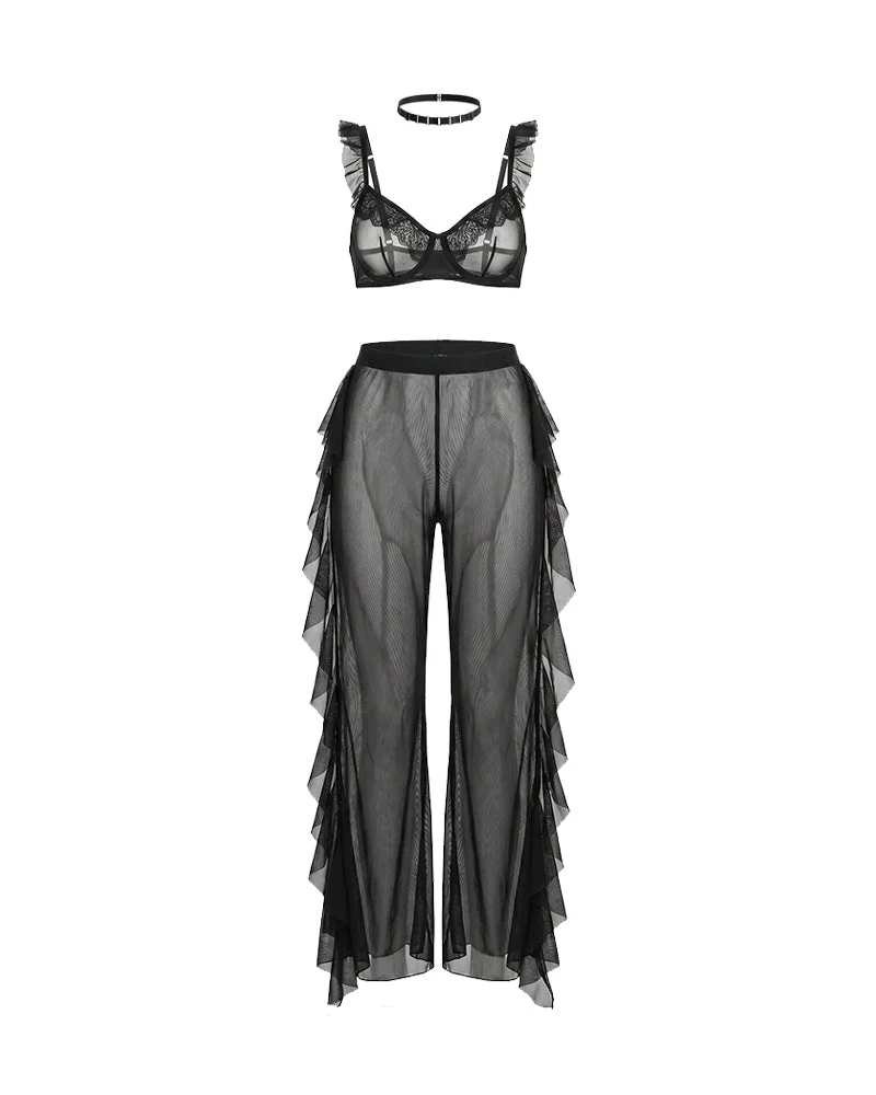 Sheer Ruffle Lace Bralette & Mesh Pants Set with Choker
