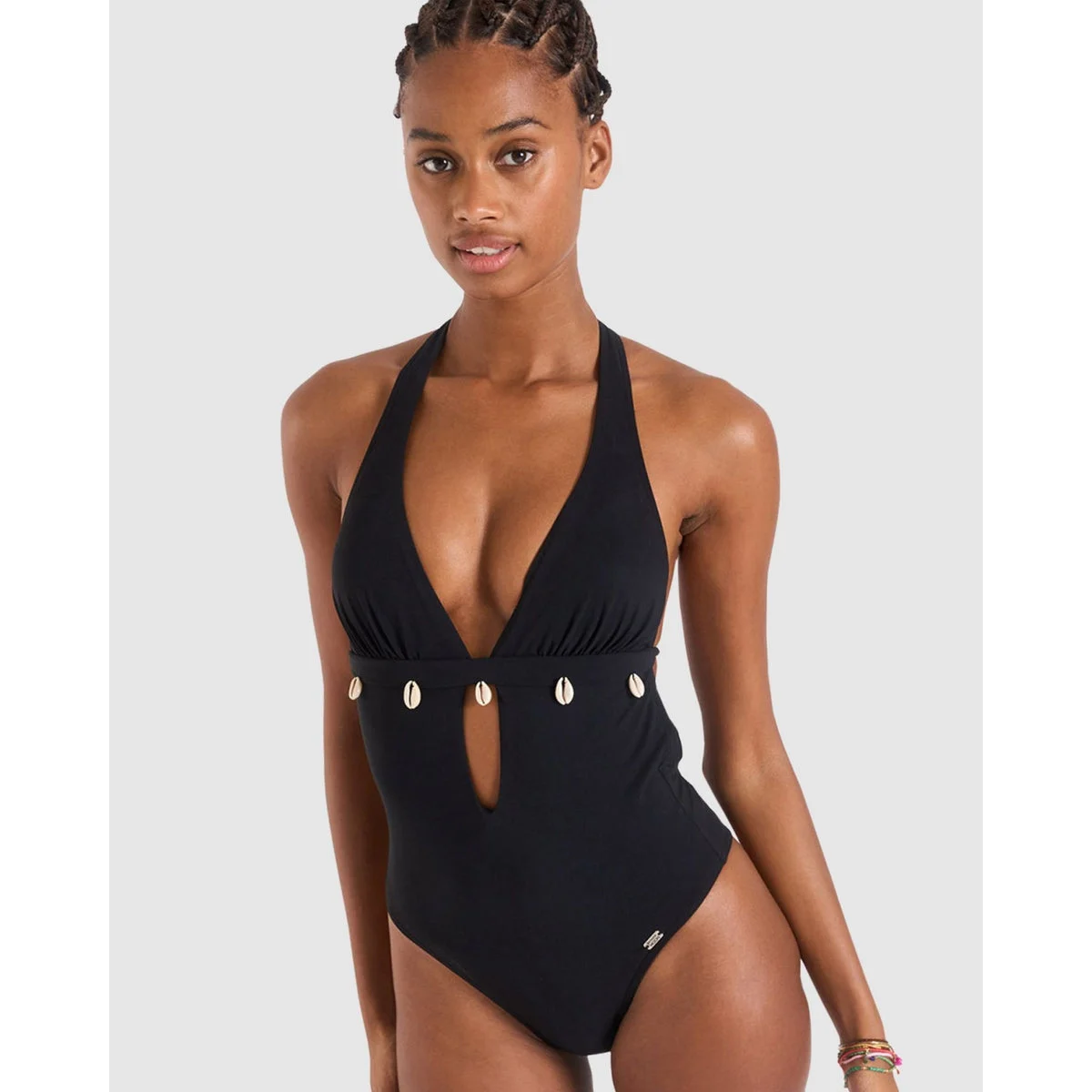Shellina Low Back One-Piece Halter Swimsuit with Shells
