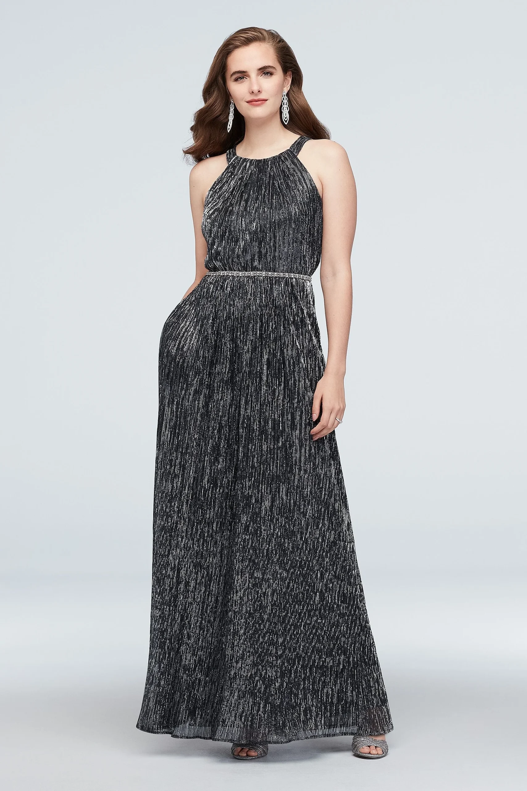 Shimmer Metallic Halter Gown with Beaded Belt