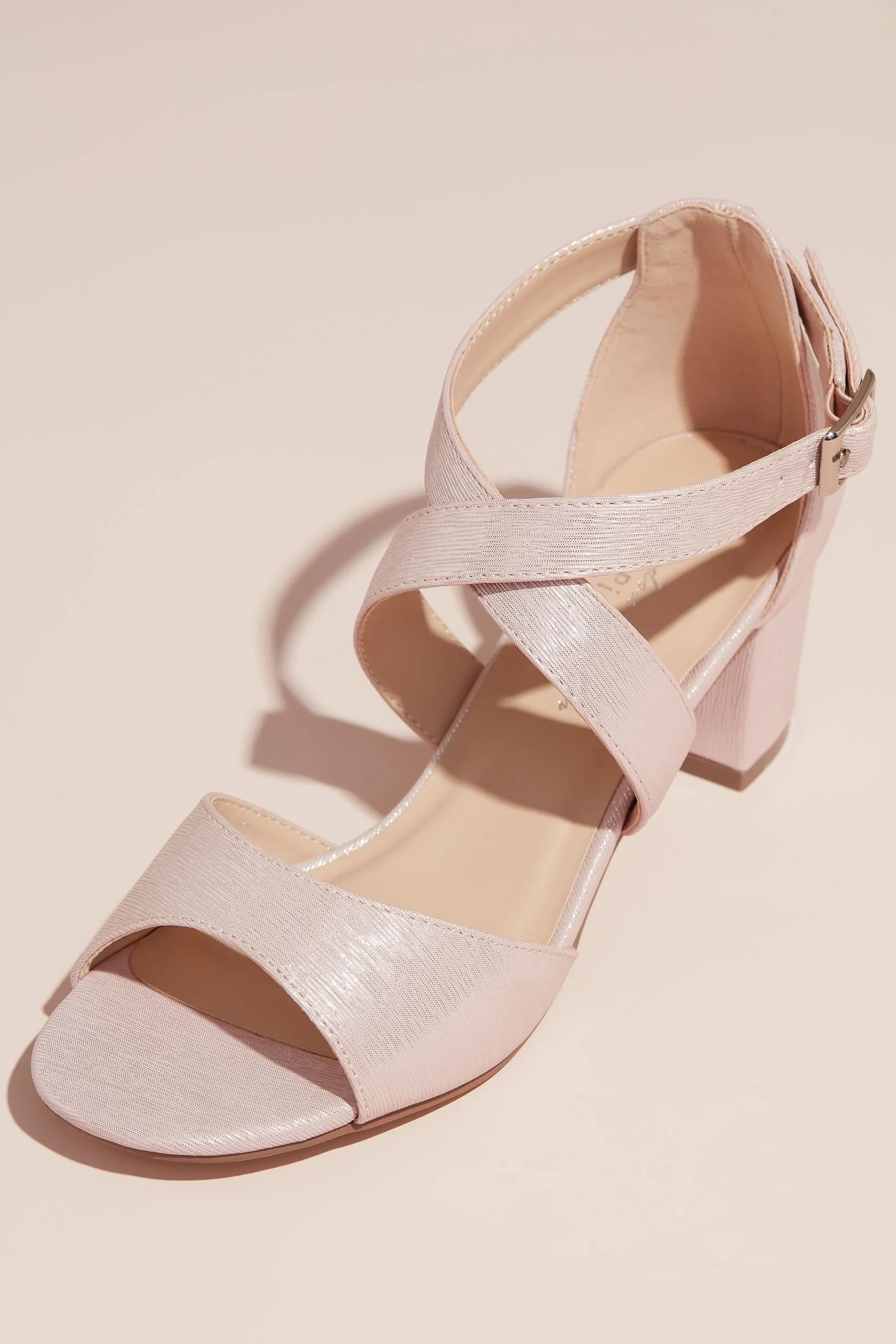Shimmery Crisscross Strap Block Heel Sandals