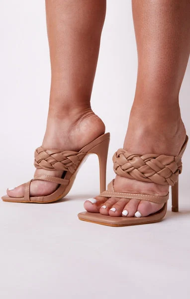 TanPU Faux Leather Woven Detail Strappy Stiletto Heels - Gabrielle