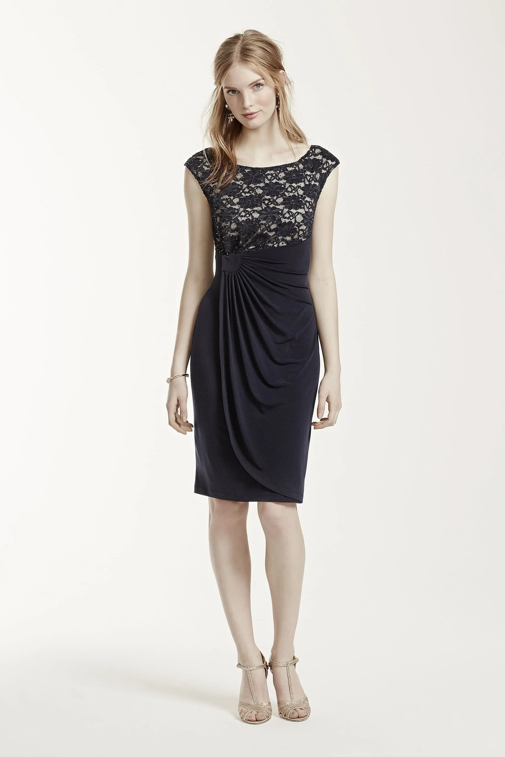 Short Cap Sleeve Jersey Dress with Lace Bodice