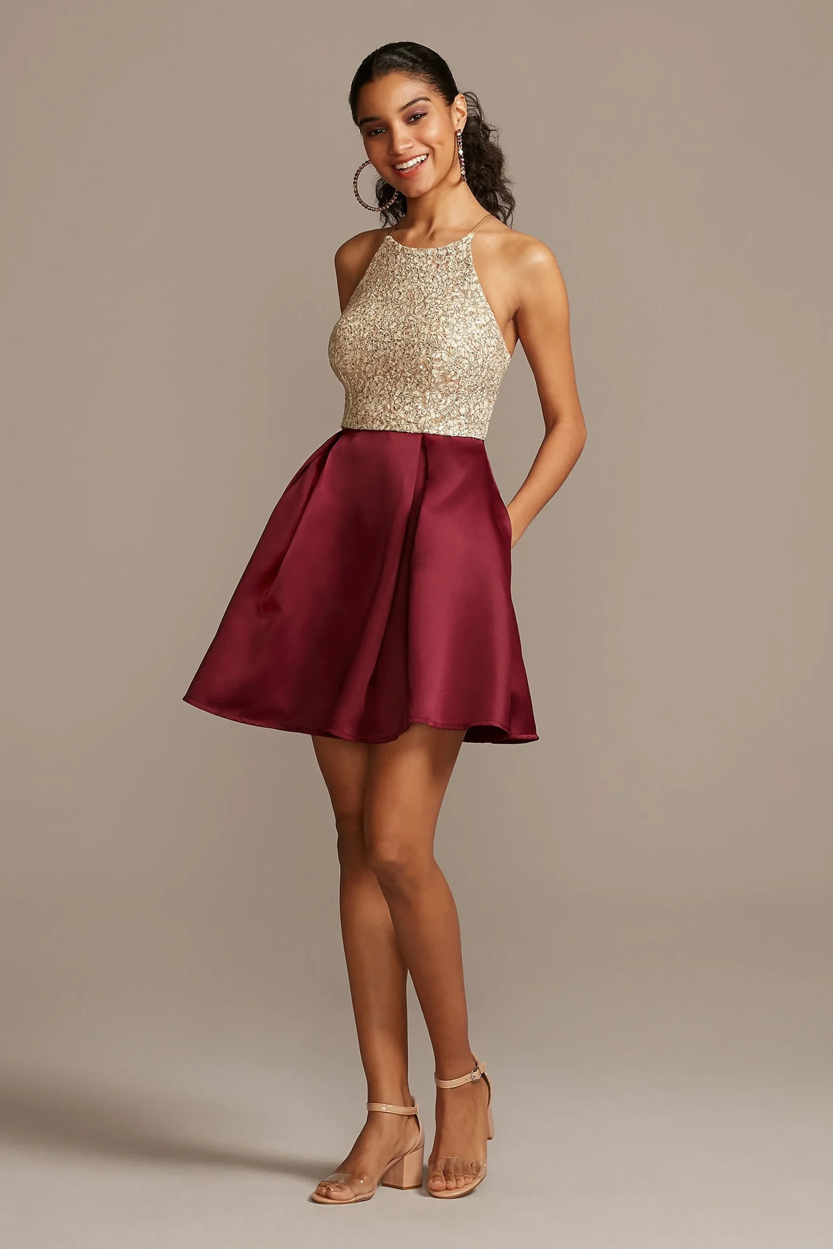 Short Colorblocked Fit-and-Flare Halter Dress