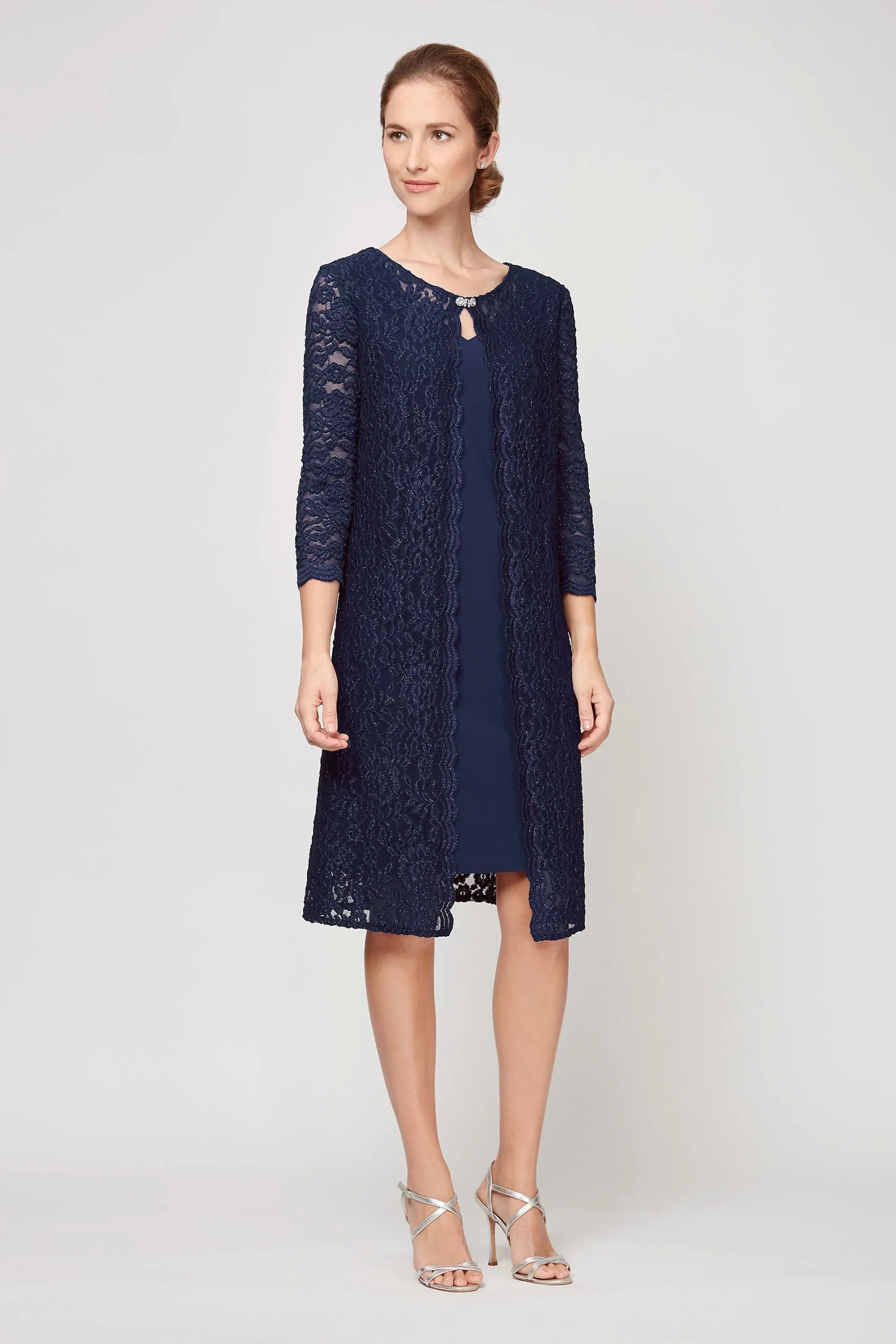 Short Dress with Attached Lace 3/4 Sleeve Jacket