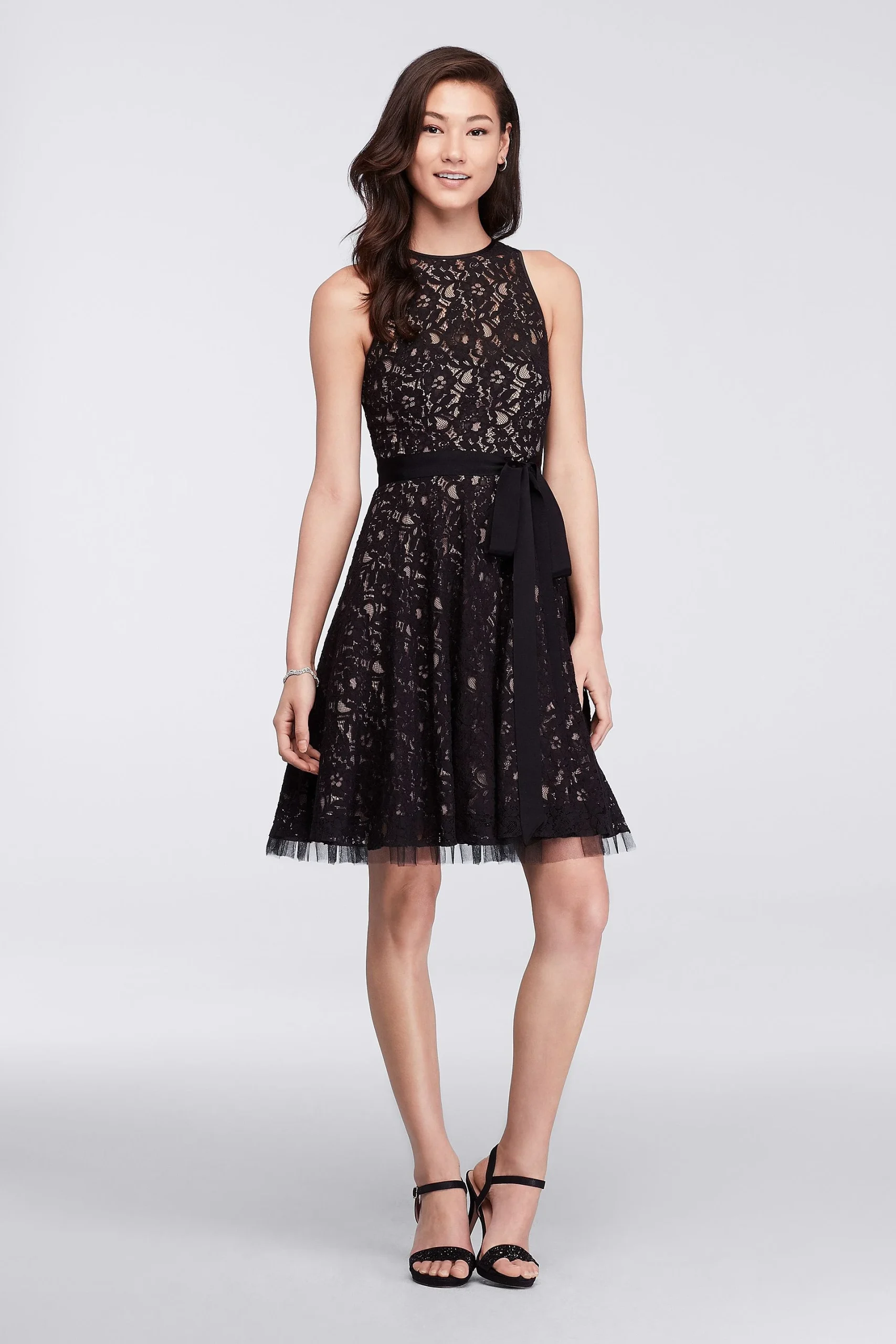 Short Lace Dress with Illusion Neckline and Sash