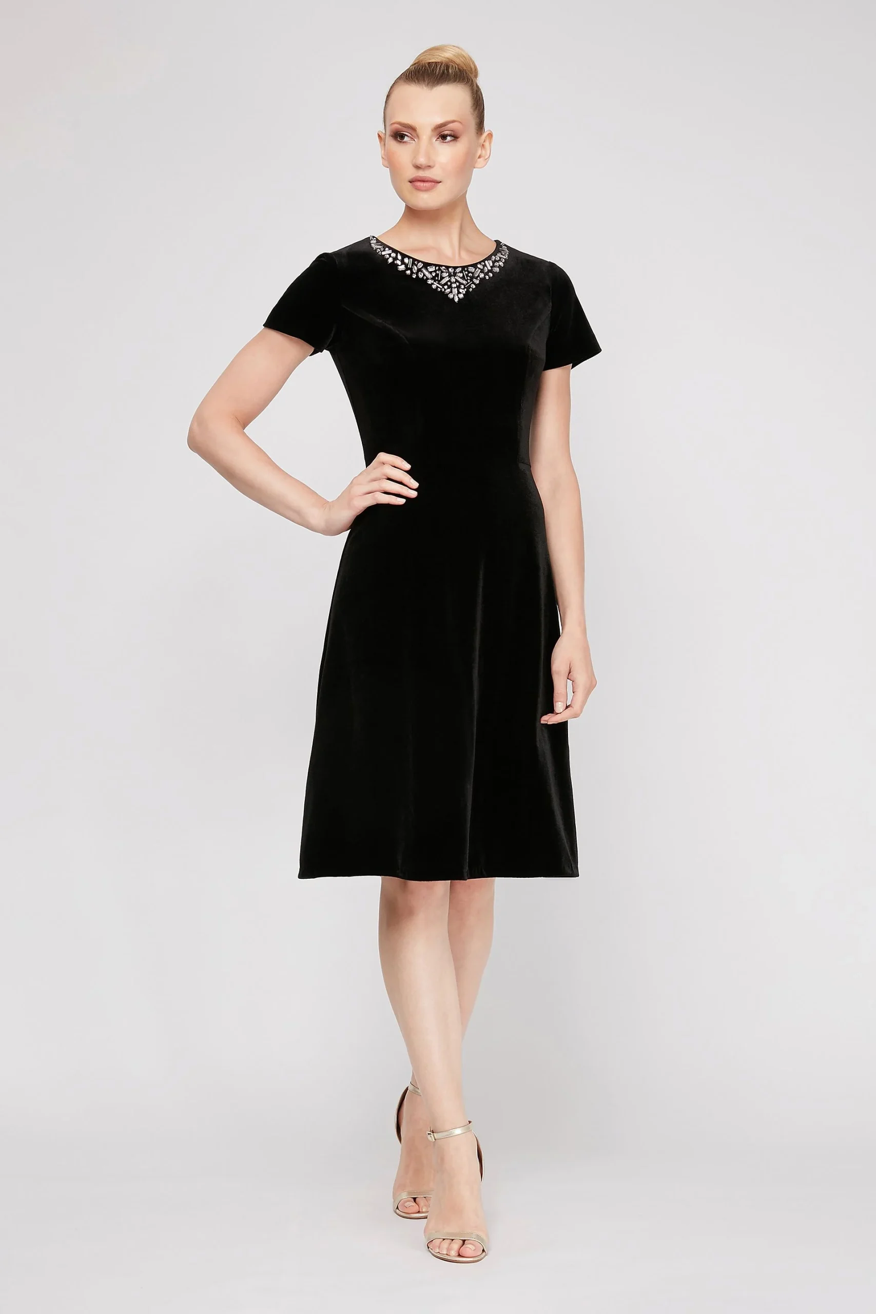Short A-Line Velvet Dress with Embellished Neck