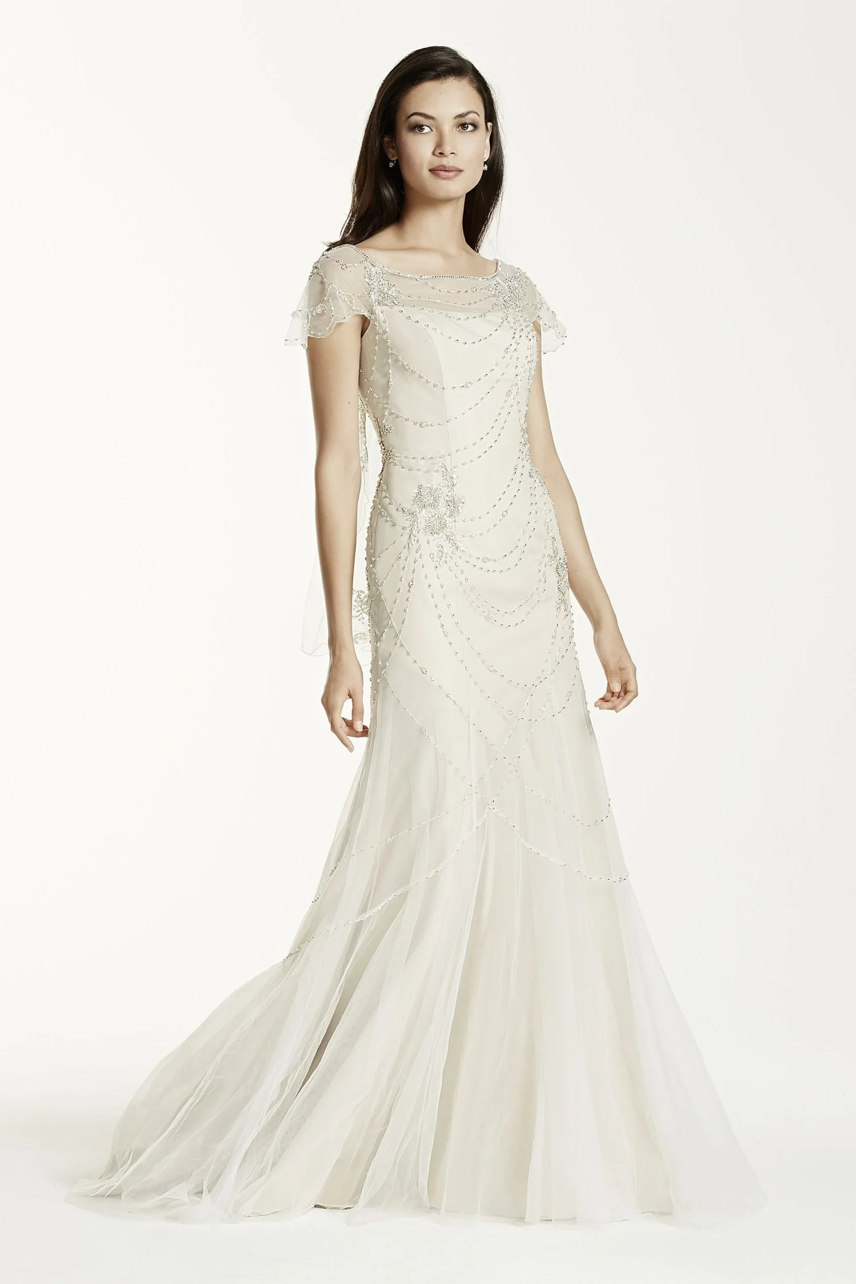 Short Sleeve Beaded Illusion Tulle Sheath Gown