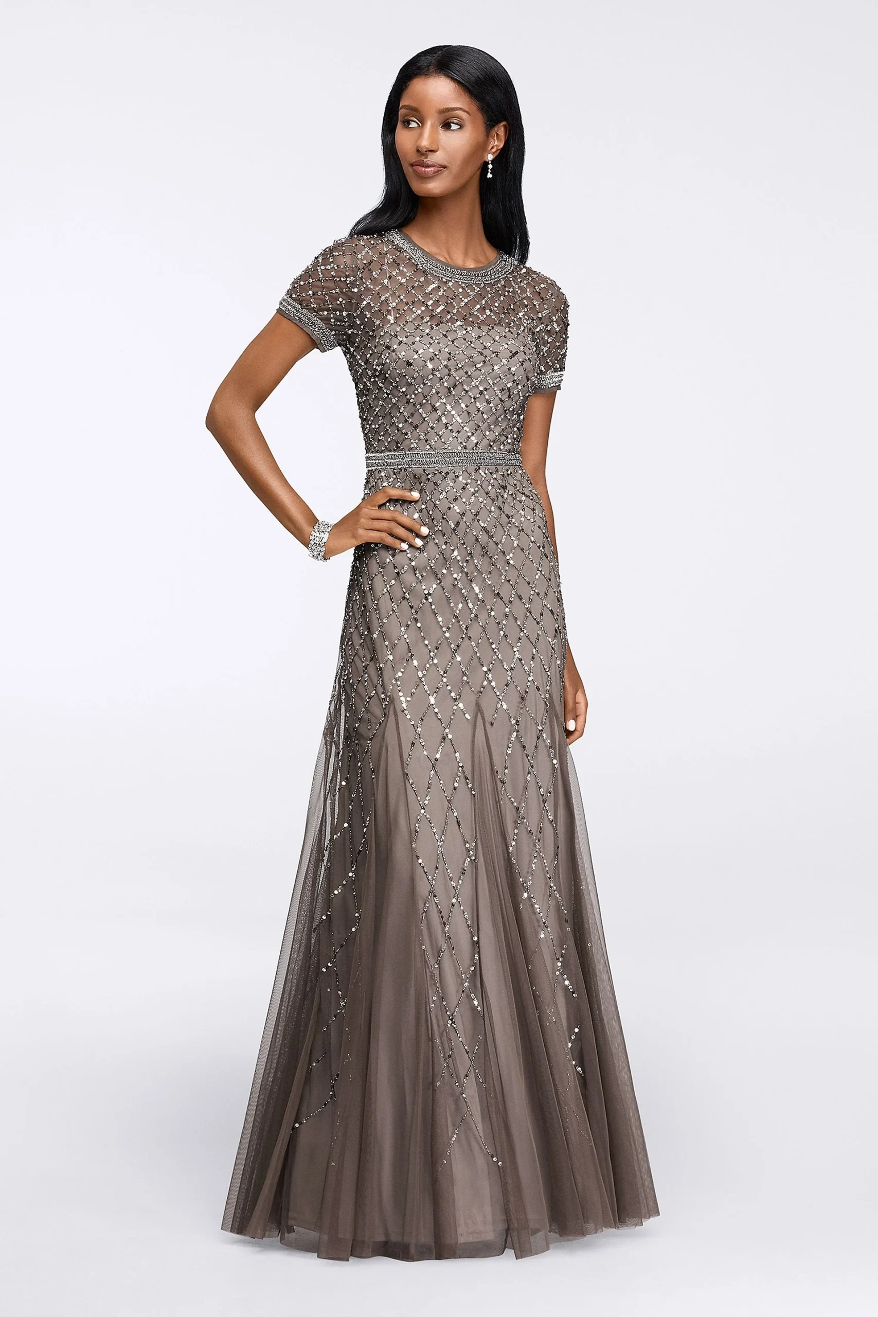 Short Sleeve Sequined Long Dress with Godets