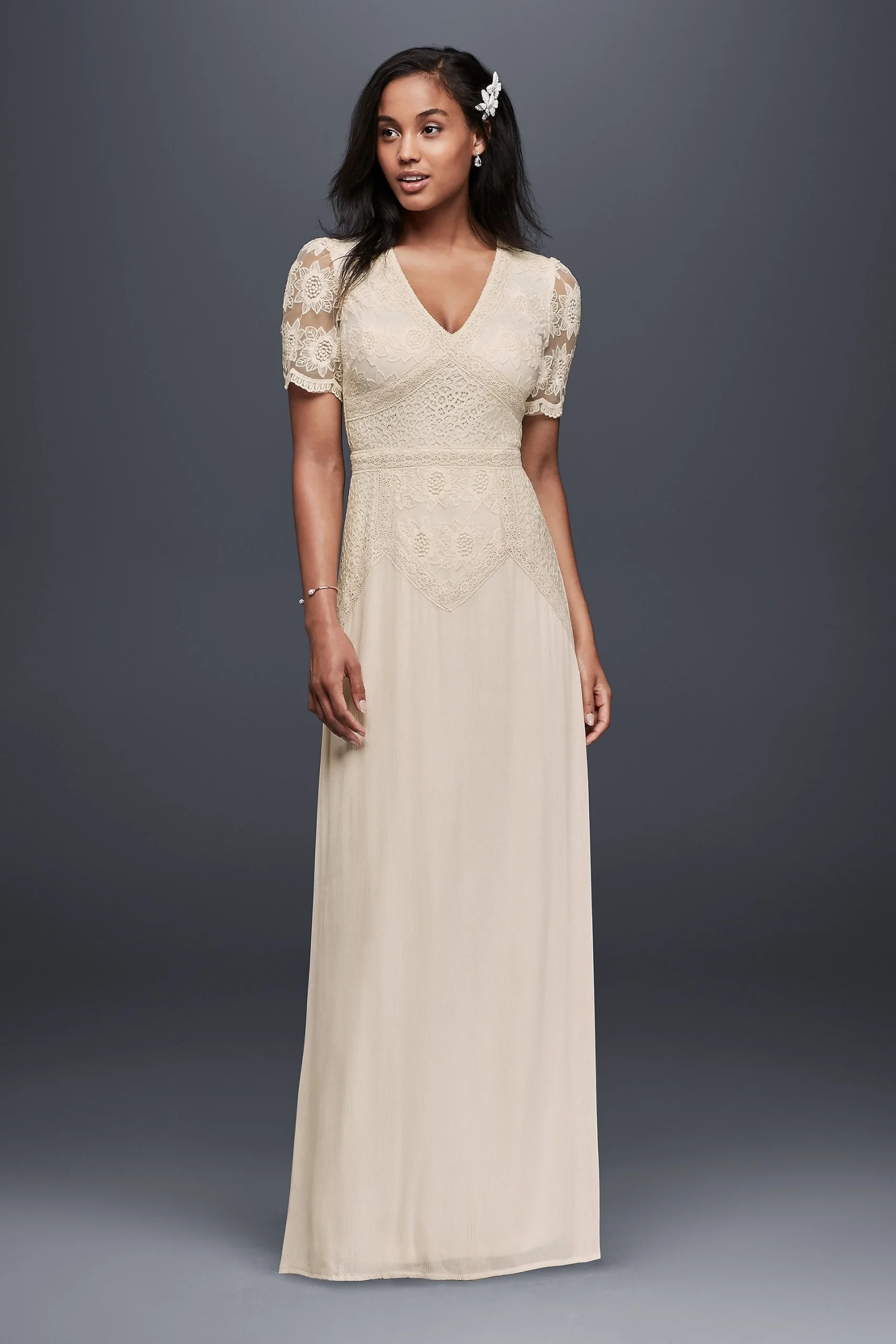 Short Sleeve V-Neck Sheath Dress with Mixed Lace