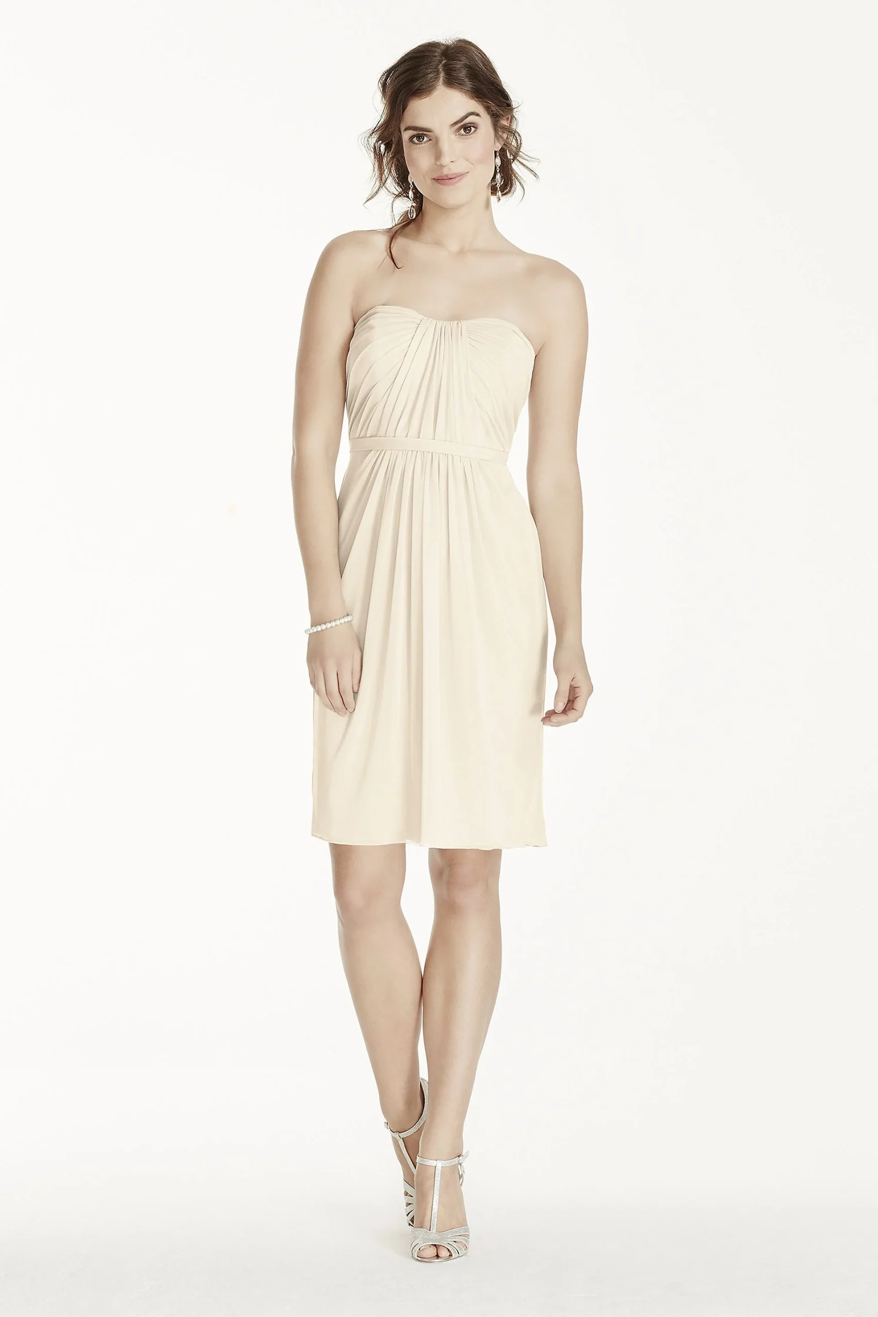 Short Strapless Mesh Dress with Pleated Bodice