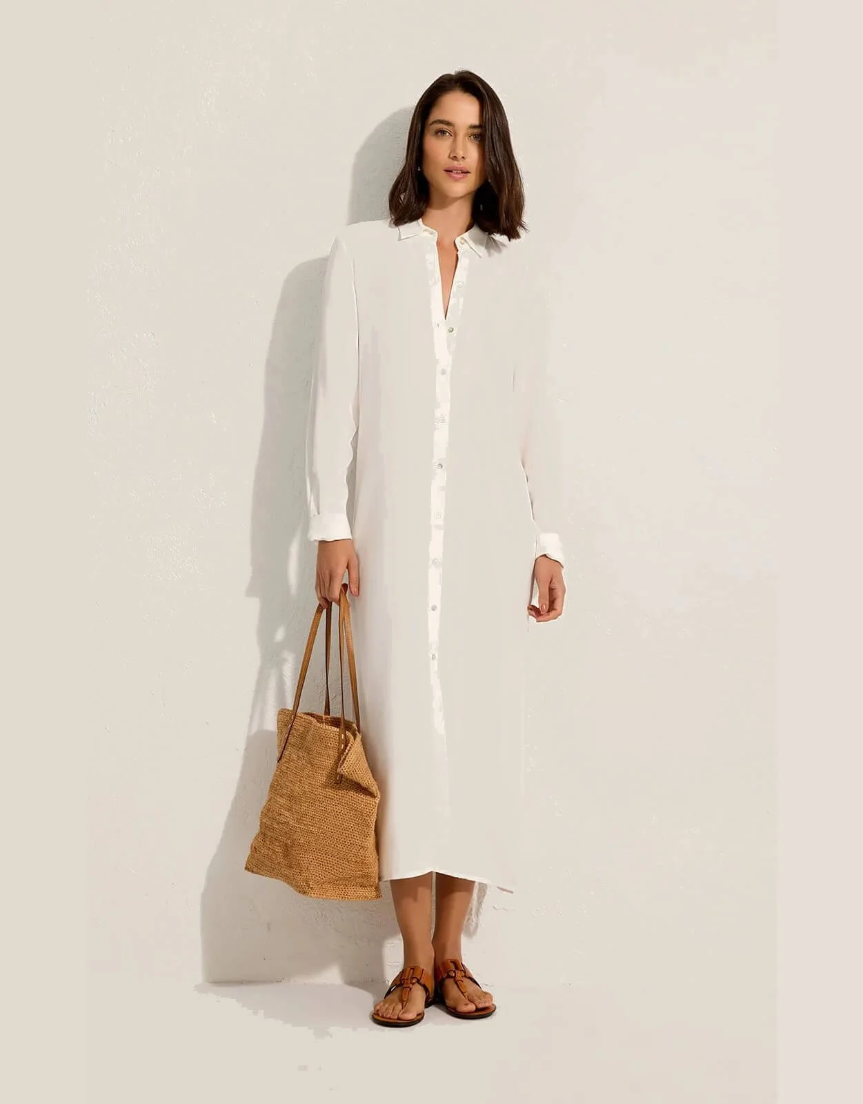 SIde Slit Long Chemisier Shirt Dress Off White