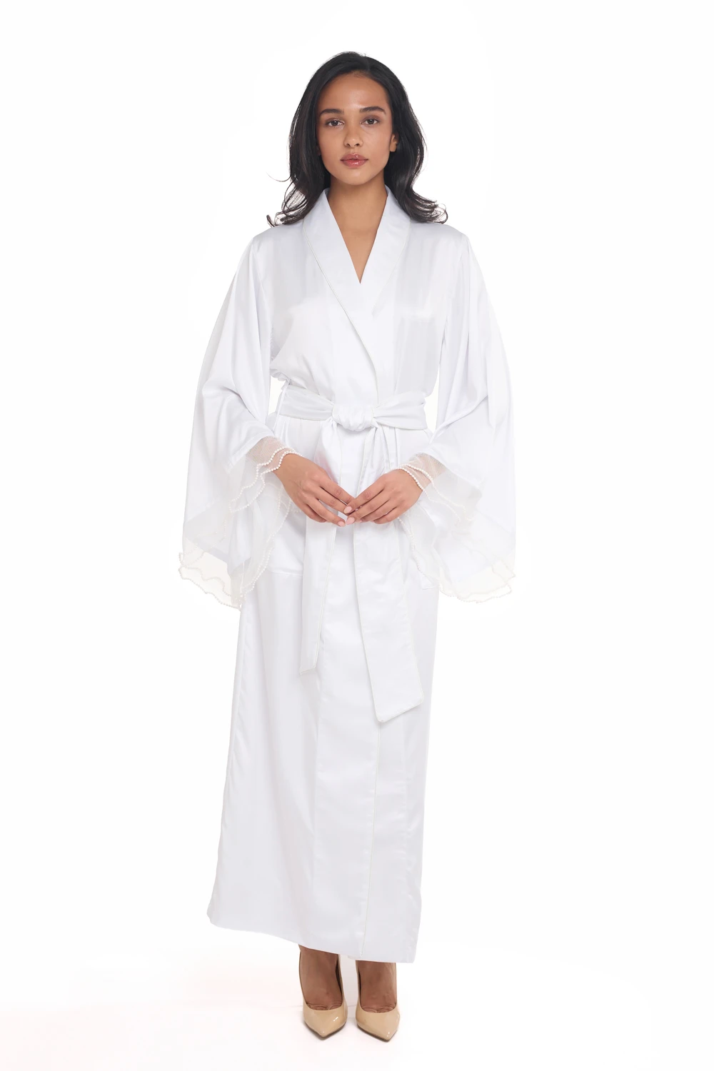 Silk Bridal Robe in White with Pearls