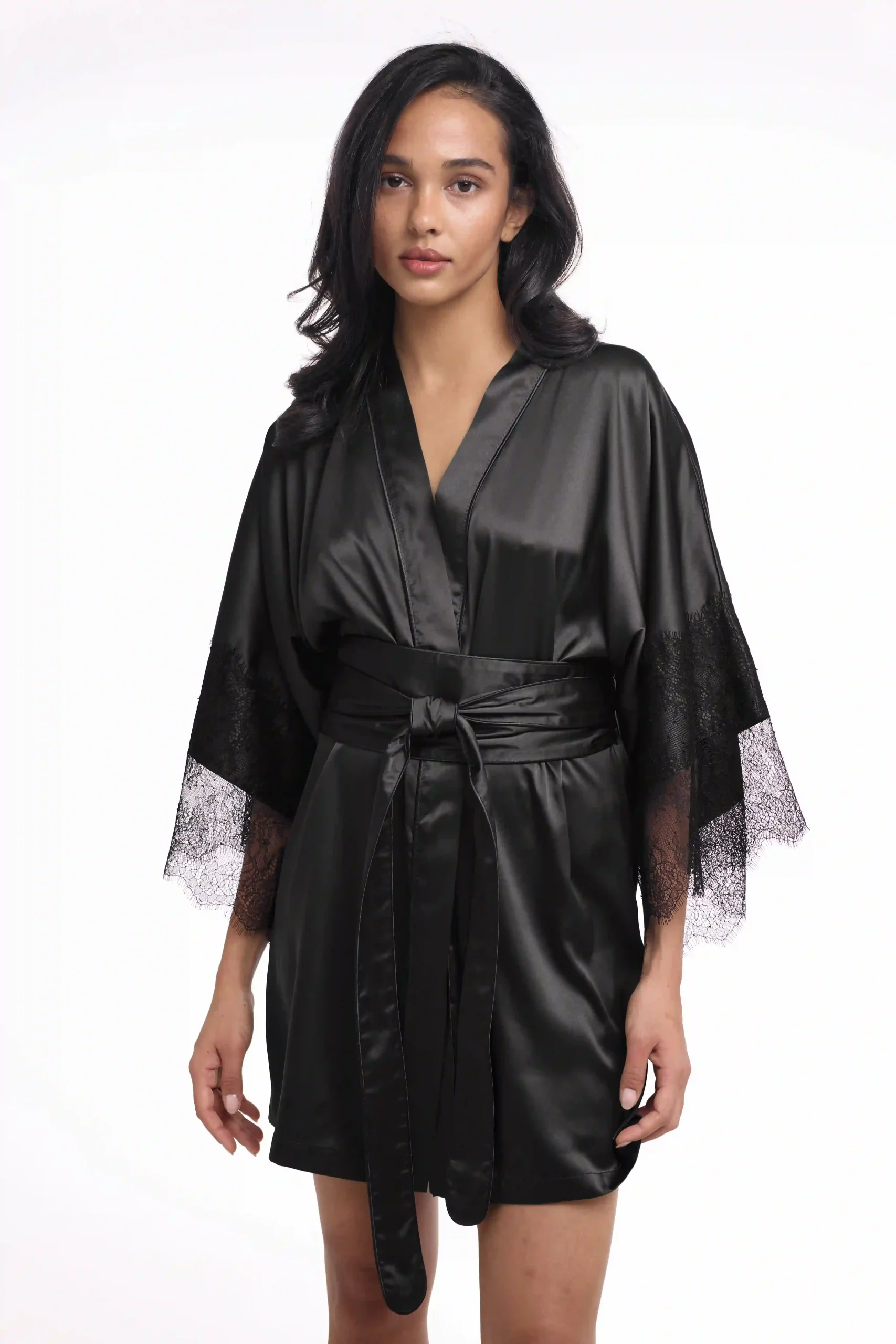 Silk Dressing Gown in Black with Lace Trim (19 Momme)