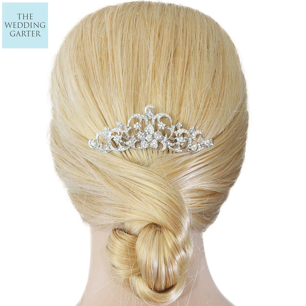 Silver Crystal Flower Bridal Headpiece Comb