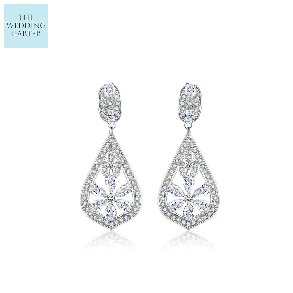 Silver CZ Crystal Floral Dropper Earrings