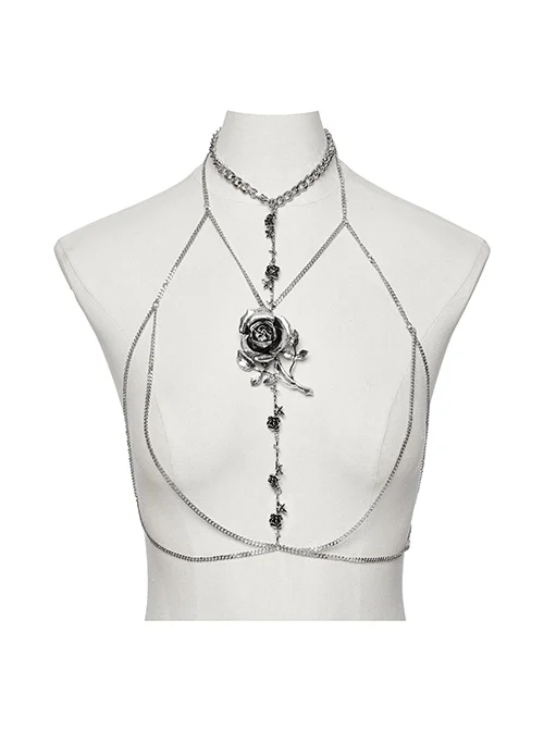Silver Drape Alloy Chain Chest Thorn Rose Decoration Gothic Style Light Luxury Necklace