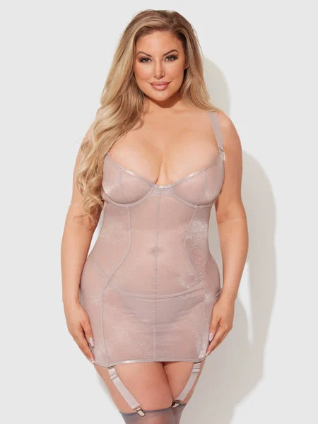 SILVER FILIGREE SHIMMER MESH UNDERWIRE CHEMISE & G-STRING SET