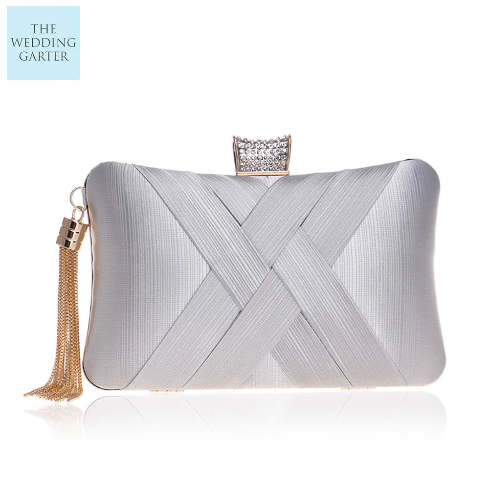 Silver Grey Woven Fabric Evening Bag Online