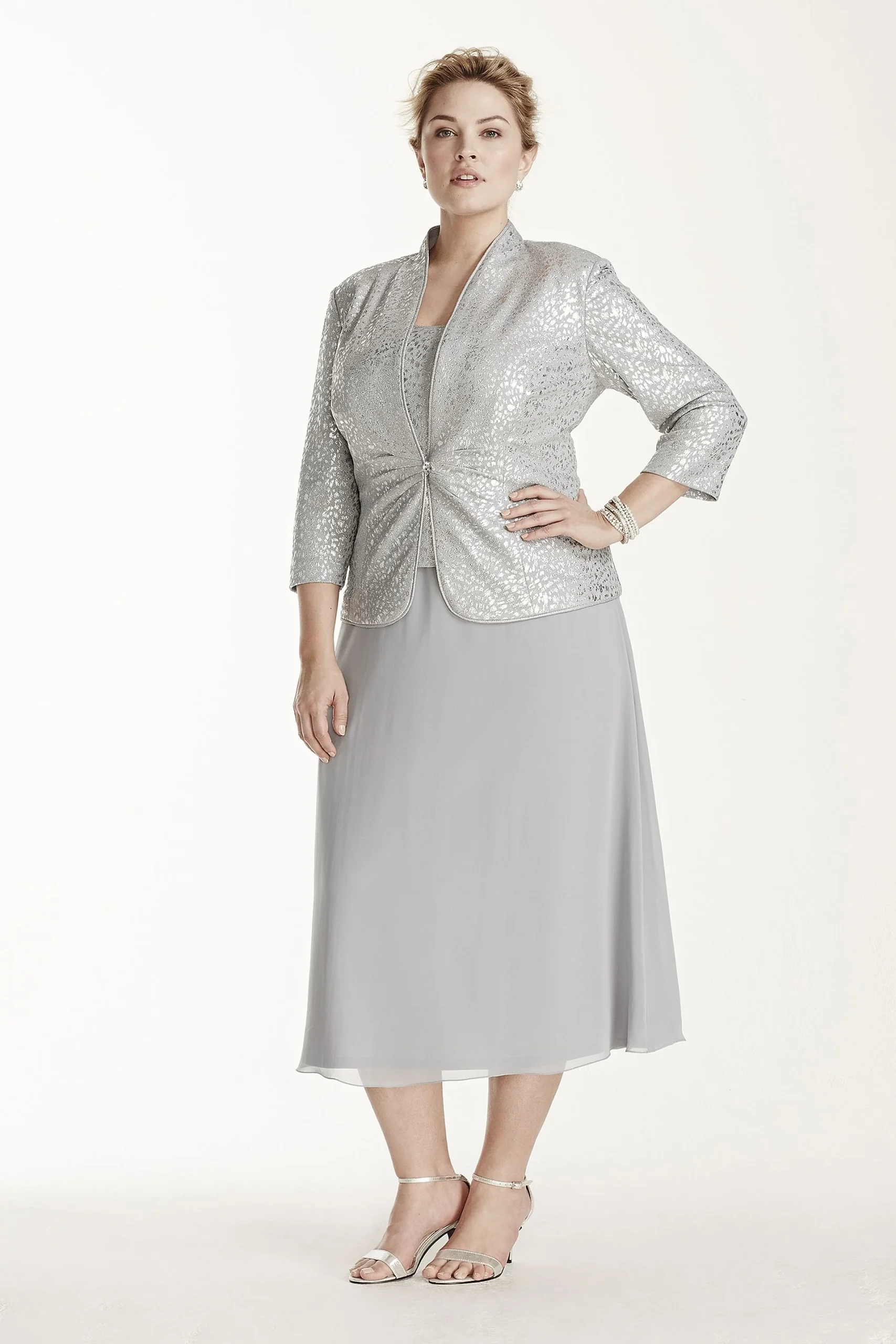 Silver Mock Three Piece Jacket Petite Dress