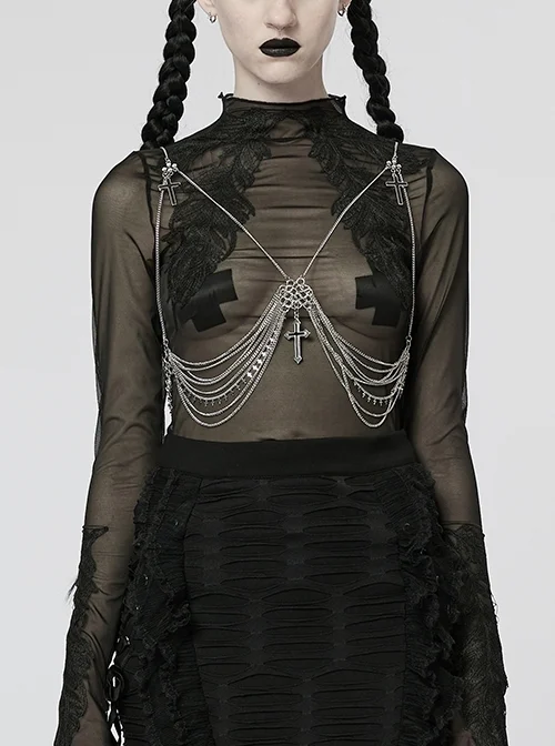 Silver Personality Ghost Head Cross Pendant Features Decorative Lines Outline Curve Back Lobster Buckle Gothic Chain Accessory