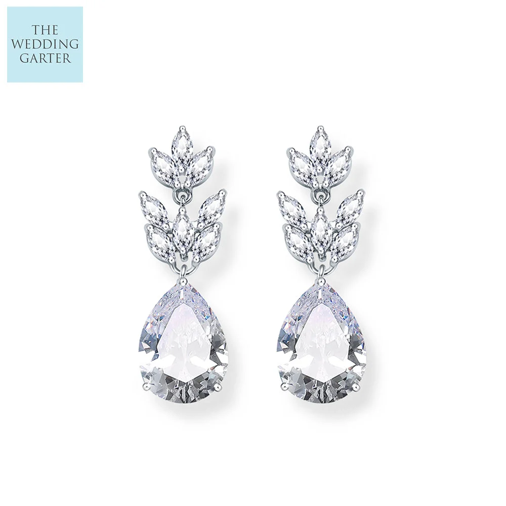 Silver Water Drop CZ Diamond Marquise Bridal Earrings