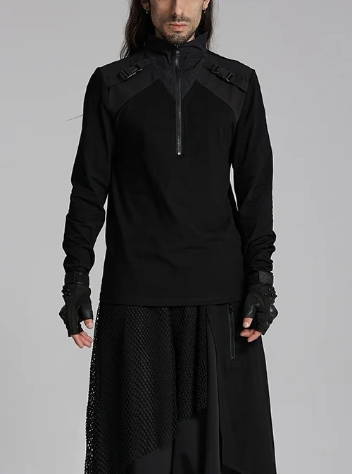 Simple Black Functional Stretch Knitted Splicing Grid Woven Front Center Zipper Insert Decoration Punk Style Stand Collar Long Sleeve T-Shirt