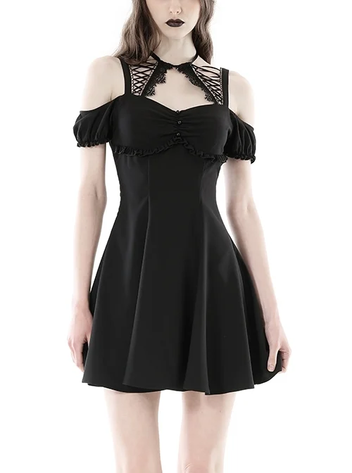 Simple Black Sexy Off Shoulder Personalized Cross Tie Punk Style Off Shoulder Short Sleeved Dress