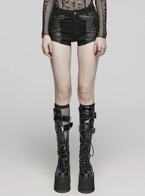 Simple Black Stretch Denim Patchwork Woven Taped Front Panel With Cross Eyelet Decoration Punk Style Shorts