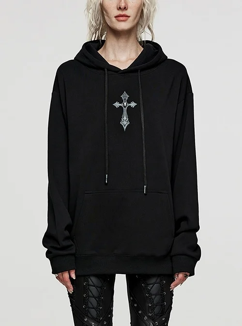 Simple Black Stretch Knit Mid-Front Cross Print Punk Style Long Sleeved Hooded Jacket