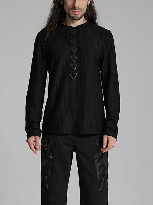 Simple Black Tattered Knitted Front Triangle Button Decorated Punk Style Long Sleeve T-Shirt