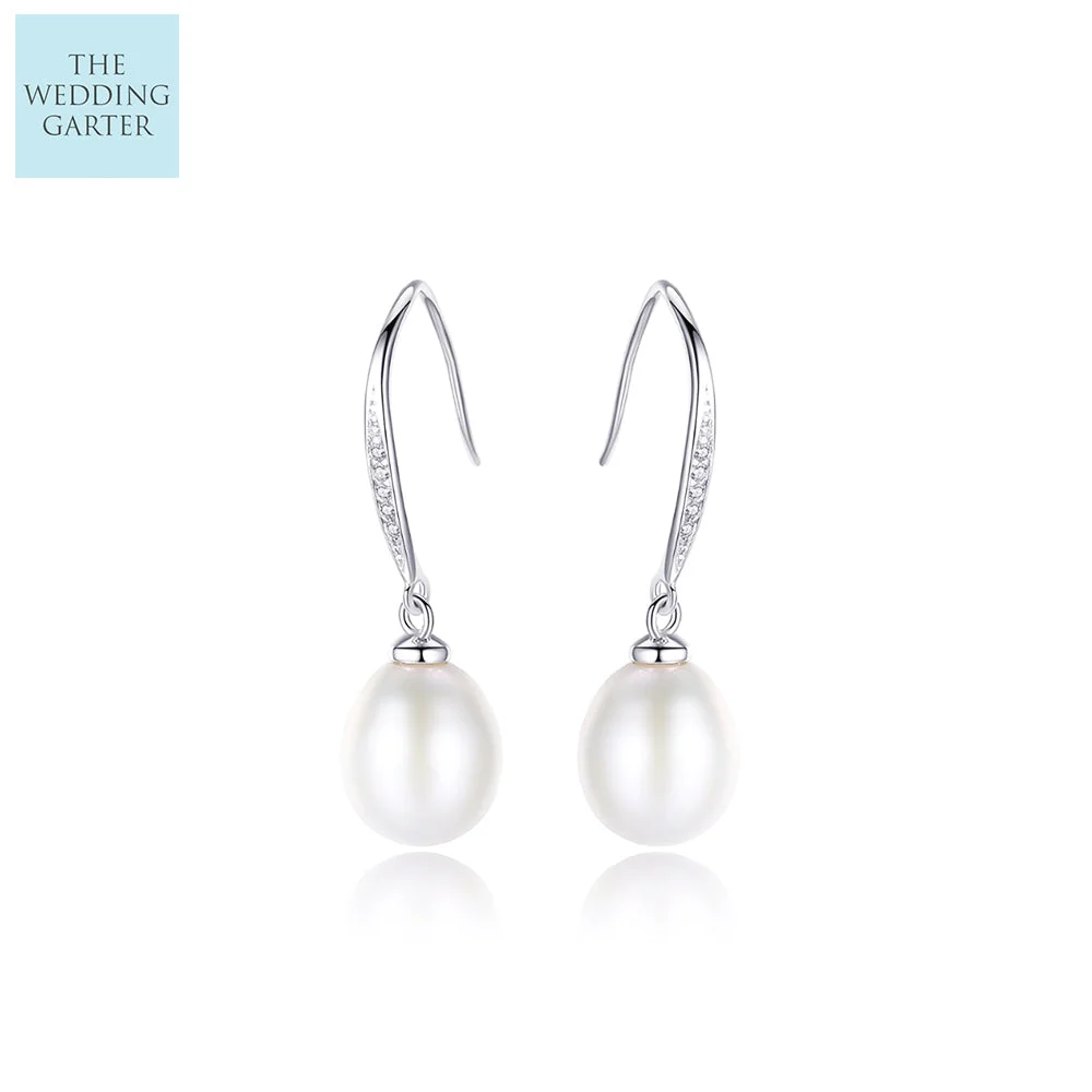 Simple Ivory Natural Pearl & Sterling Silver Wedding Earrings