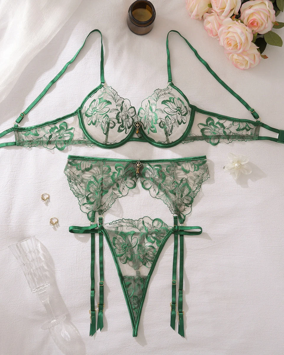 Simple Pleasures – Green Embroidered 3-Piece Lingerie Set