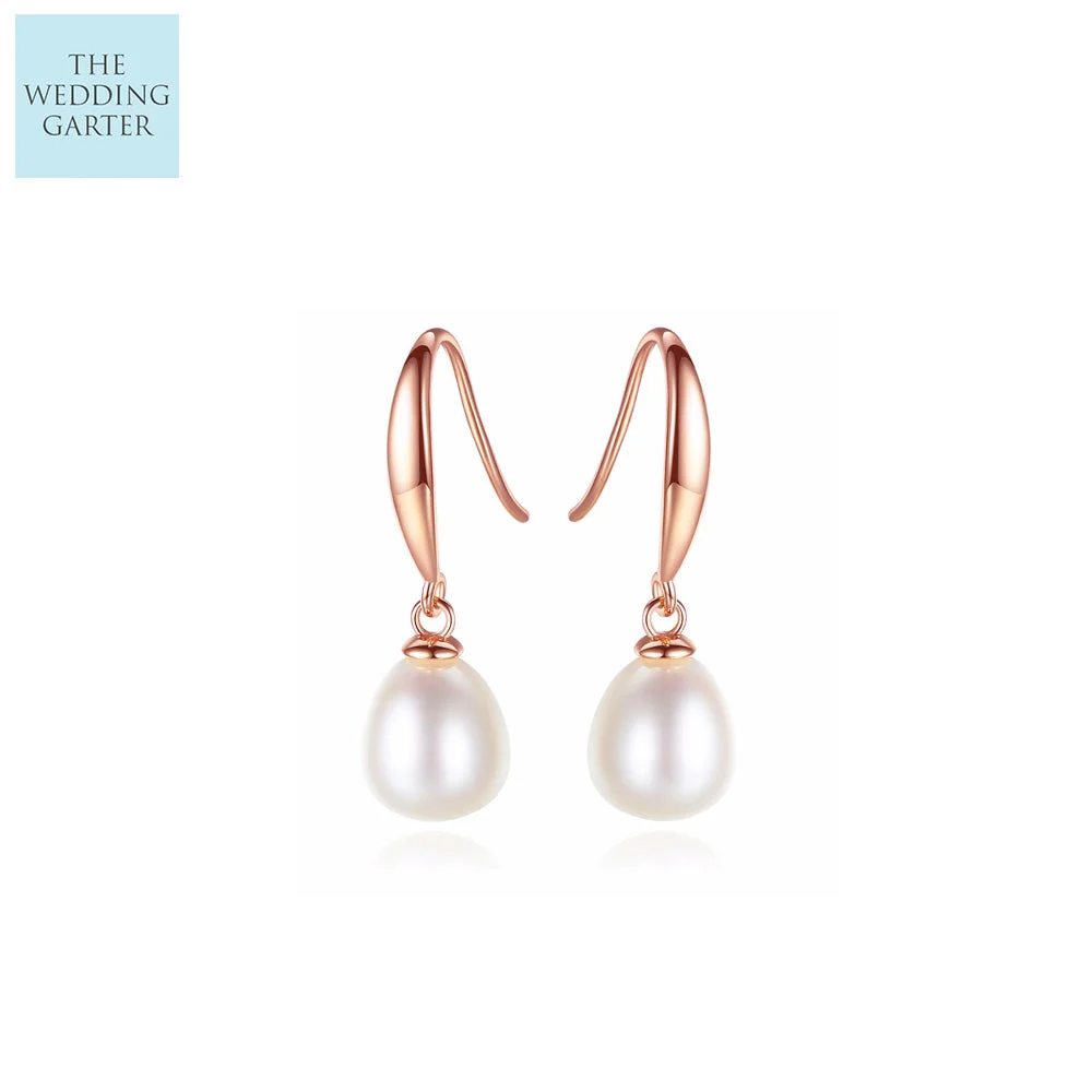 Simple Rose Gold & Natural Pearl Drop Earrings