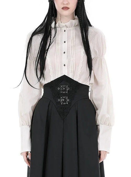 Simple White Linen Loose Chest Vertical Stripe Gothic Style Puff Sleeve Shirt